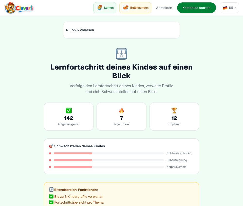 Öffentliche Vorschau des Elternbereichs mit Beispieldaten, keine echten Lernergebnisse.