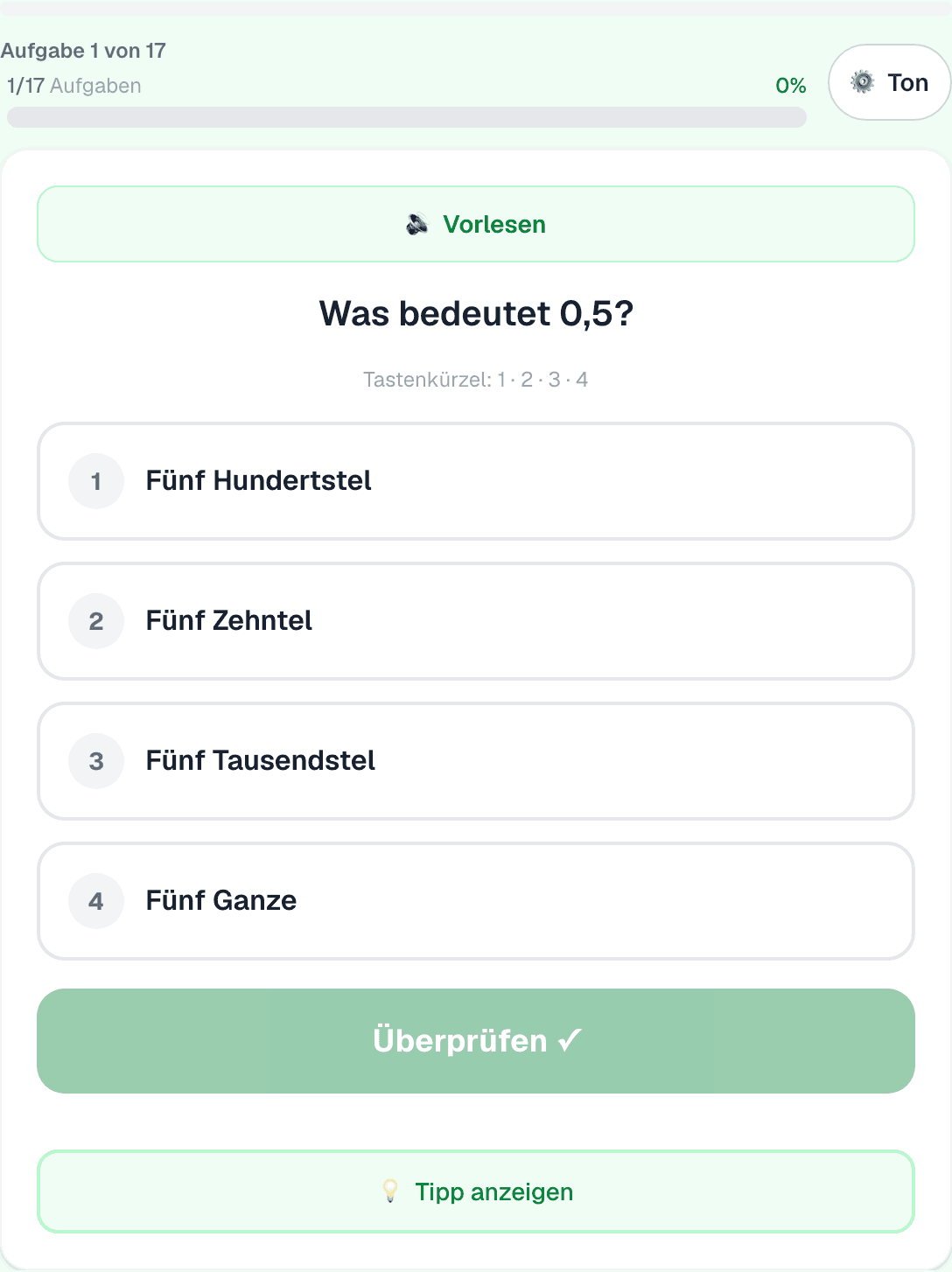 Screenshot der interaktiven Matheaufgabe «Was bedeutet 0,5?» in Cleverli