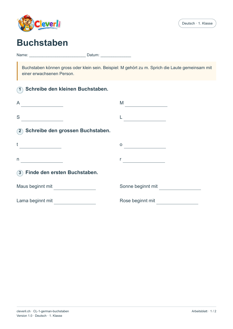 Vorschau des Cleverli Buchstaben Arbeitsblatts für die 1. Klasse
