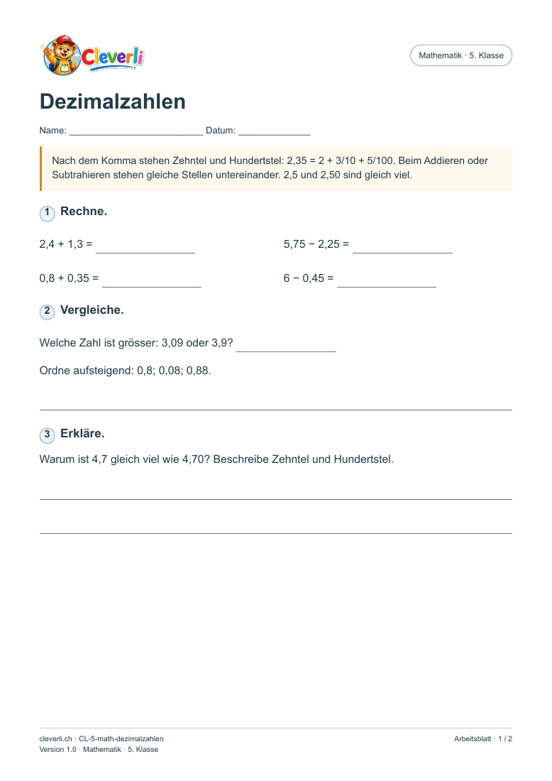 Vorschau des Cleverli Dezimalzahlen Arbeitsblatts für die 5. Klasse