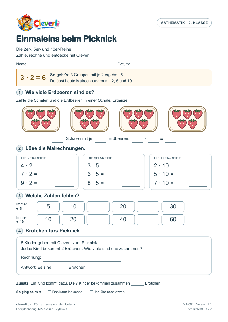 Vorschau des Cleverli Einmaleins Arbeitsblatts für die 2. Klasse