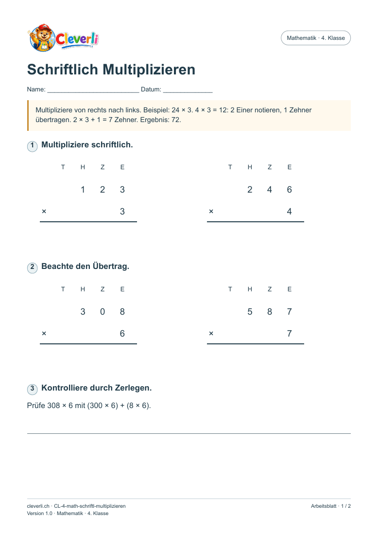 Vorschau des Cleverli Arbeitsblatts zum schriftlichen Multiplizieren für die 4. Klasse
